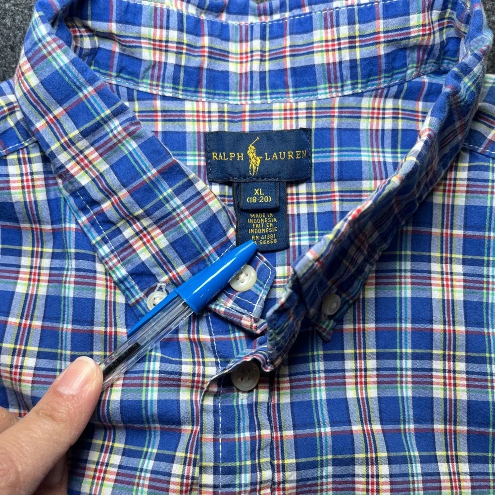 Ralph Lauren Button Down Kids XL 18-20 Blue Plaid‎ Long Sleeve Shirt